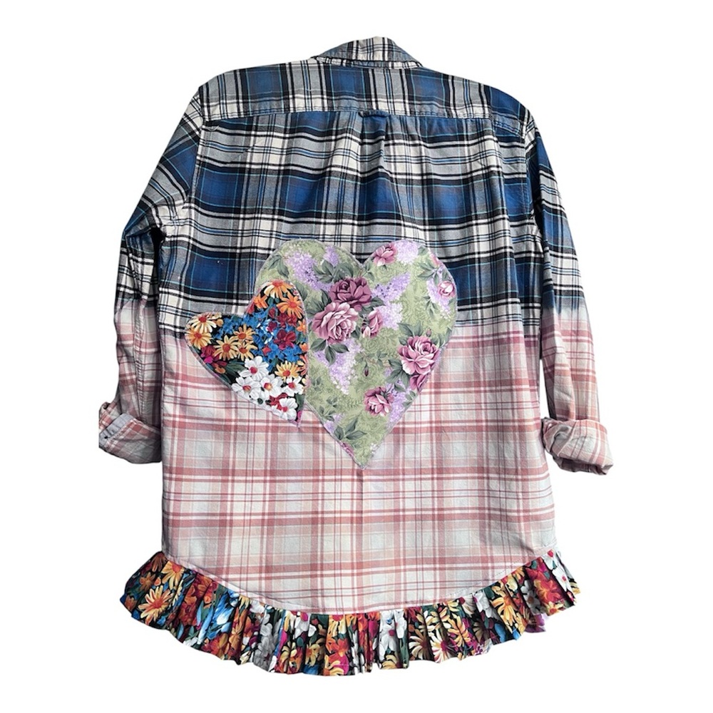 Wild Romance Refashioned Plaid Shacket – Floral Hearts & Boho Ruffle – Size M